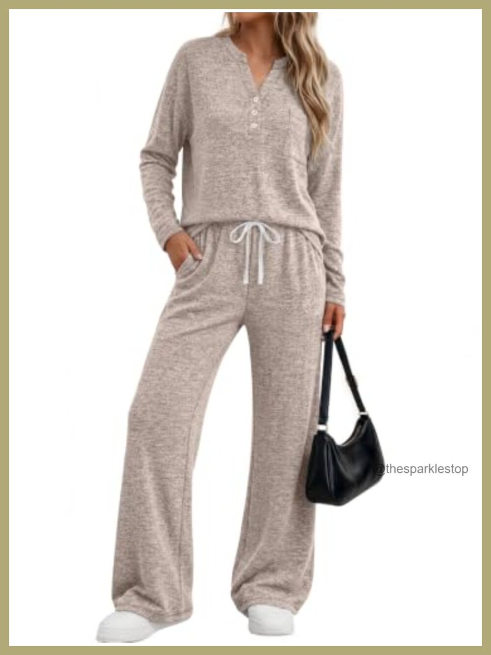 Womens 2 Piece Lounge Set Brushed Fleece Henley Top & Pants Travel Sweatsuit